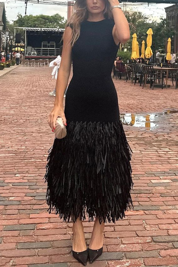 Christie Ribbed Patchwork Tiered Fringed Hem Zipper Backless Maxi Dress-consonak
