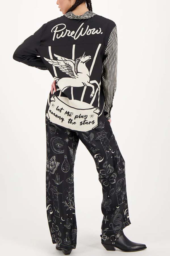 Black Magic Satin Unique Print Long Sleeve Blouse and Elastic Waist Pocket Wide Leg Pants Set-consonak