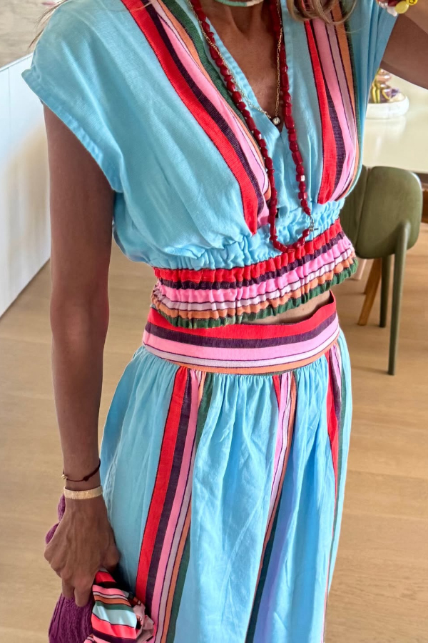 Stylish Striped Print V-neck Cropped Top and Elastic Waist Casual Maxi Skirt Set-consonak