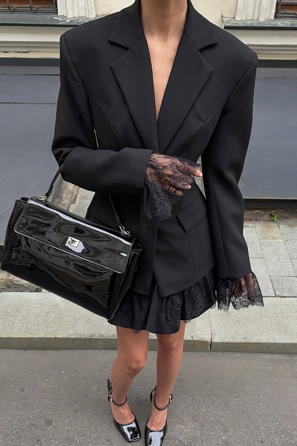 Solid Color Lace Panel Long Sleeve Button Elegant Blazer-consonak