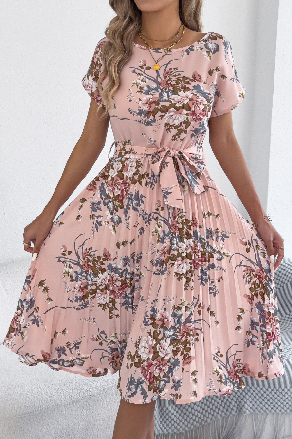 Floral Print Round Neck Fitted Waist Tie Pleated Midi Dress-consonak