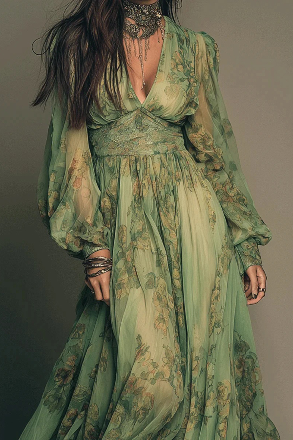 Botanical Print V-neck Long-sleeved Fitted Waist Casual Maxi Dress | Consonak
