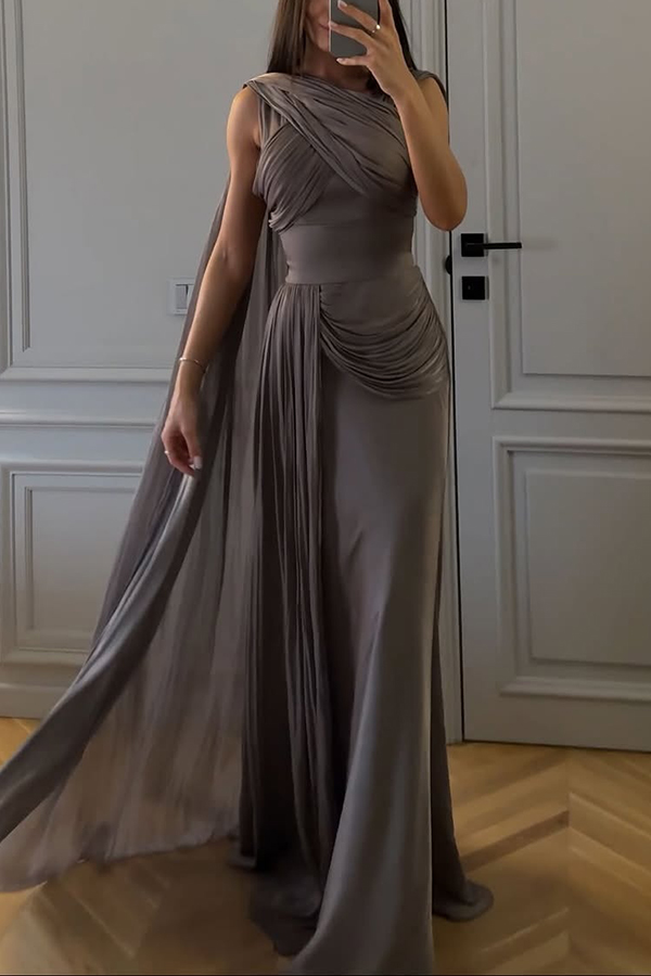 Solid Color Satin Sleeveless Waist Elegant Pleated Ribbon Maxi Dress-consonak