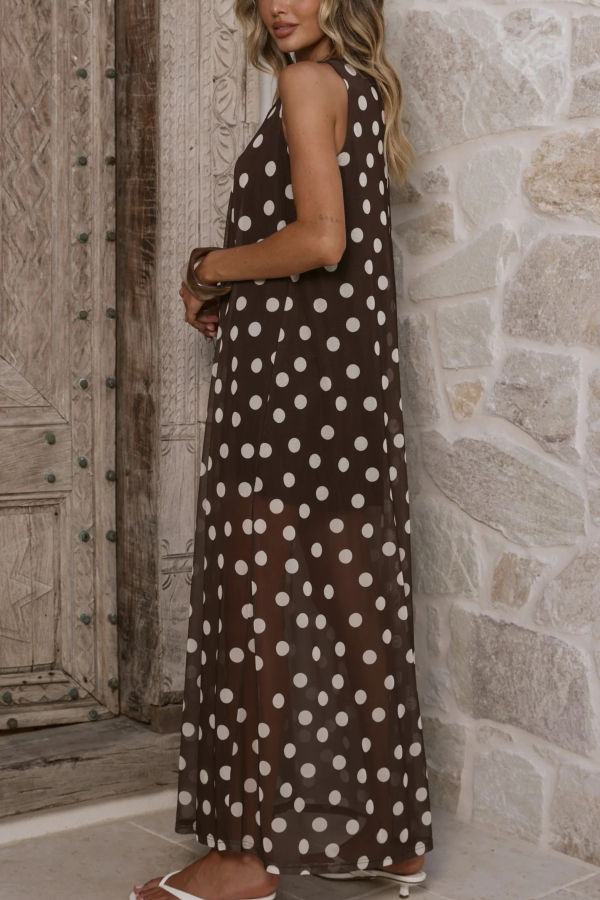 Polka Dot Print Loose Round Neck Sleeveless Mesh Casual Maxi Dress | Consonak