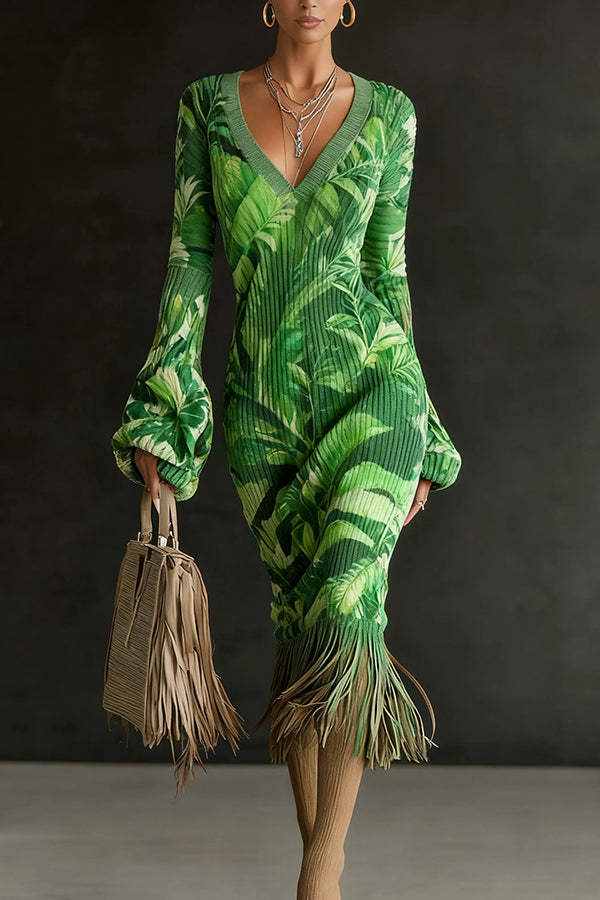 Unique Printed V-neck Long-sleeved Elegant Tassel Hem Midi Dress-consonak