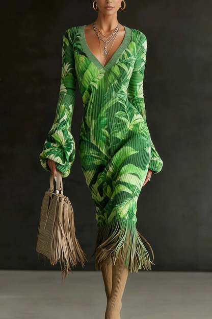 Unique Printed V-neck Long-sleeved Elegant Tassel Hem Midi Dress-consonak