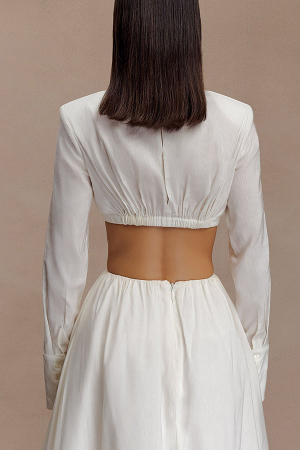 Greta Linen Blend Bra-style Gathered Long Sleeve Crop Shirt and Mid Rise Pocket Umbrella Skirt Set