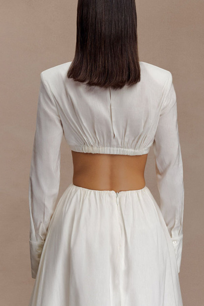 Greta Linen Blend Bra-style Gathered Long Sleeve Crop Shirt and Mid Rise Pocket Umbrella Skirt Set