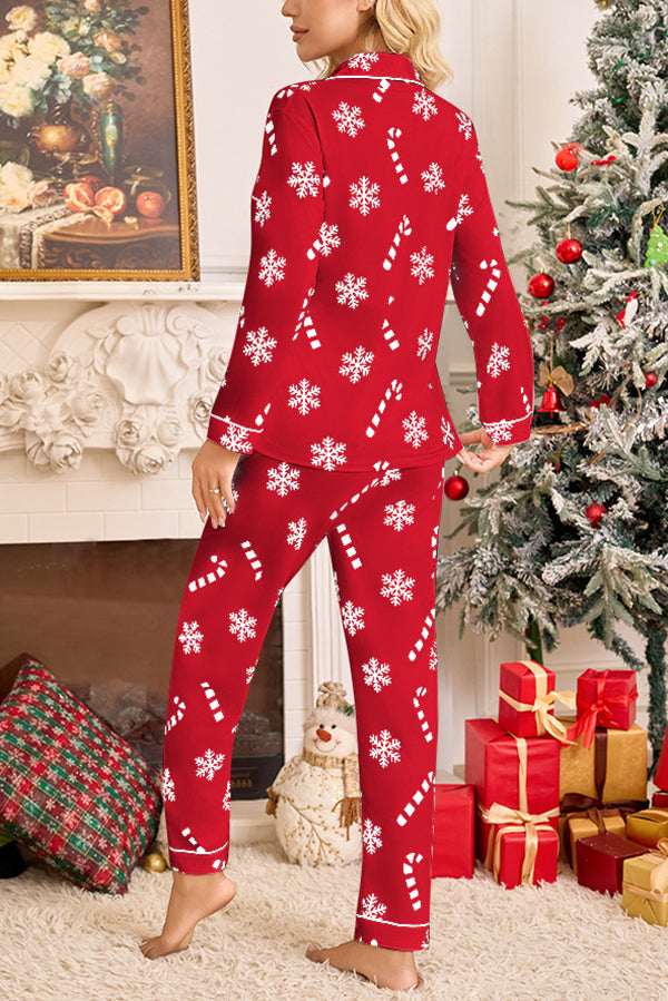 Snowflake Candy Print Casual Long-sleeved Shirt and Elastic Waist Pants Set-consonak