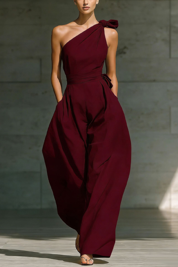 Solid Color Sleeveless One-shoulder Fitted Waist Casual Pocket Loose Wide-leg Jumpsuit