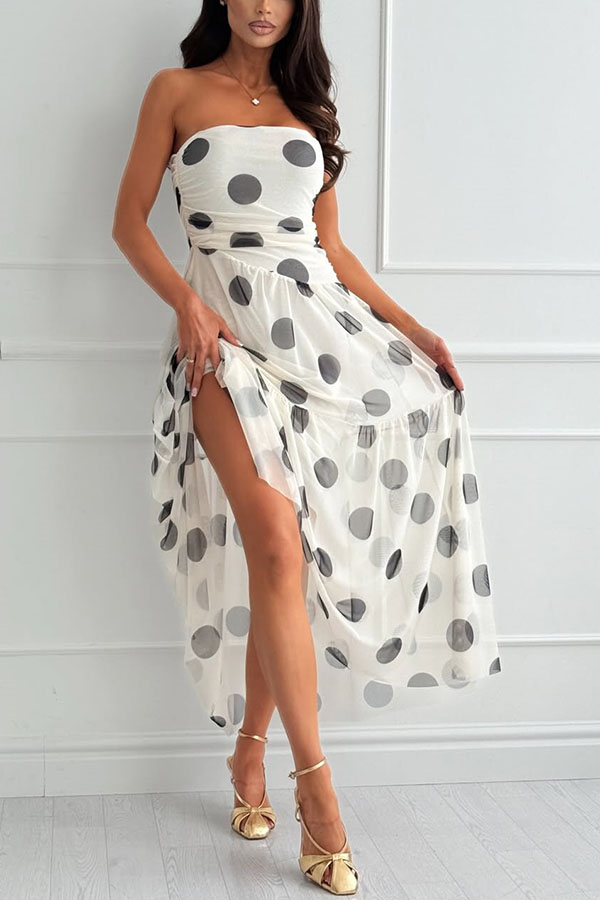 Shailene Mesh Polka Dot Print Off Shoulder Pleated Hem Maxi Dress