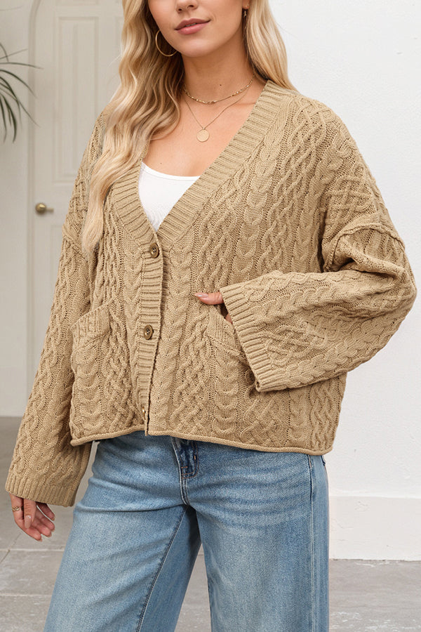 Solid Color Loose V-neck Long-sleeved Casual Pocket Knitted Cardigan-consonak