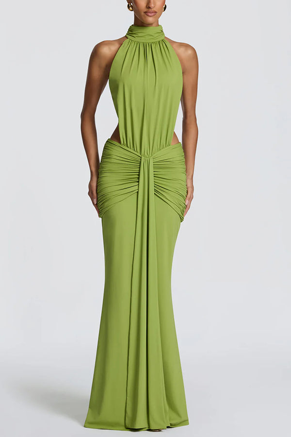 Thekla Stretch Slinky Jersey High Neck Ruched Backless Drape Maxi Dress-Consonak