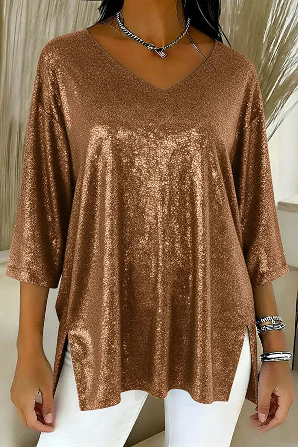 Solid Color Loose V-neck Shiny Casual Top-consonak