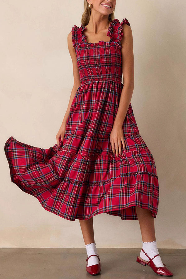 Plaid Print Ruffled Halter Pleated Sleeveless Casual Midi Dress-consonak