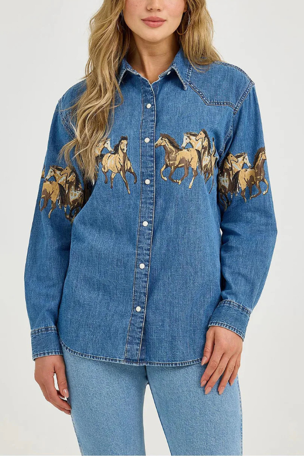 Stylish Horse Print Collared Long-Sleeved Casual Denim Jacket