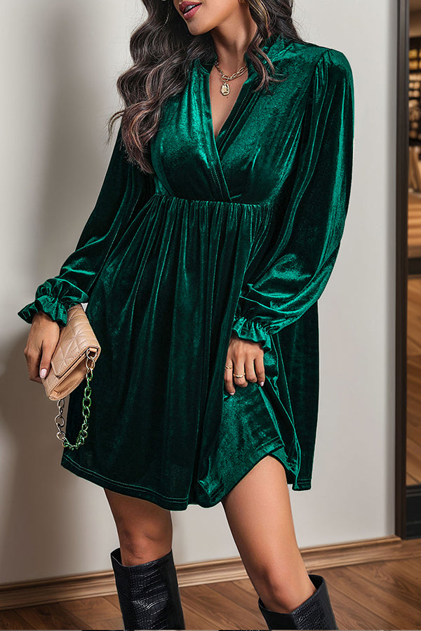 Solid Color Velvet V-Neck Long Sleeve Loose Mini Dress-consonak