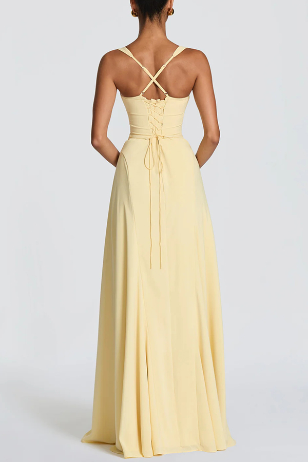 Irie Chiffon Sweetheart Neck Adjustable Straps Back Lace-up Maxi Dress