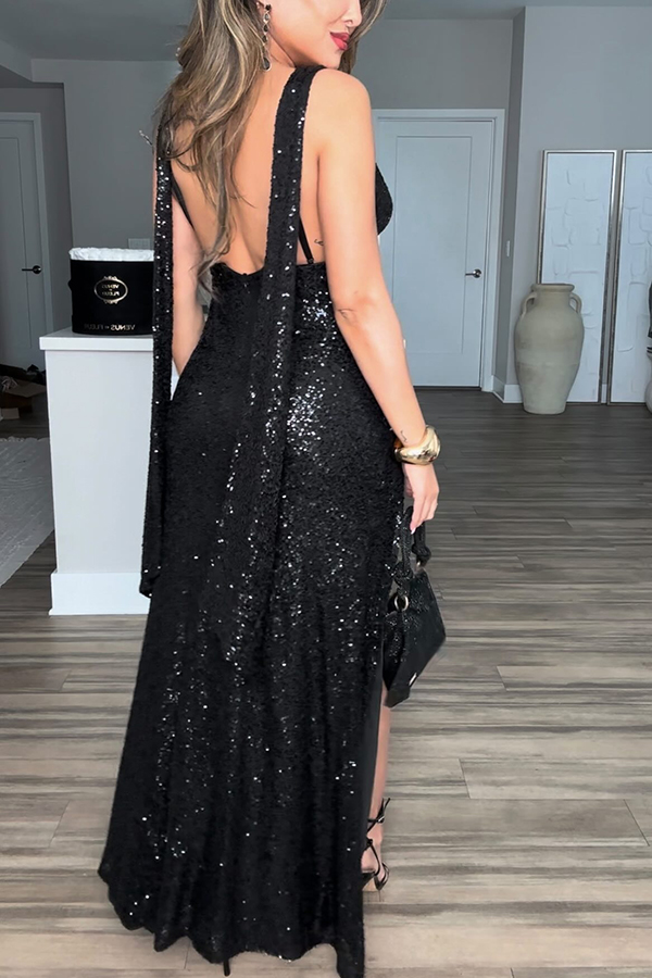All The Sparkle Sequin Cowl Neck Backless Slit Stretch Maxi Dress-consonak