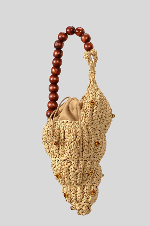 Seashell-shaped Wooden Beaded Zircon-embellished Straw Bag