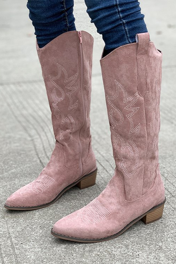 Retro Embroidered Block Heel Mid-calf Western Cowboy Martin Boots-consonak