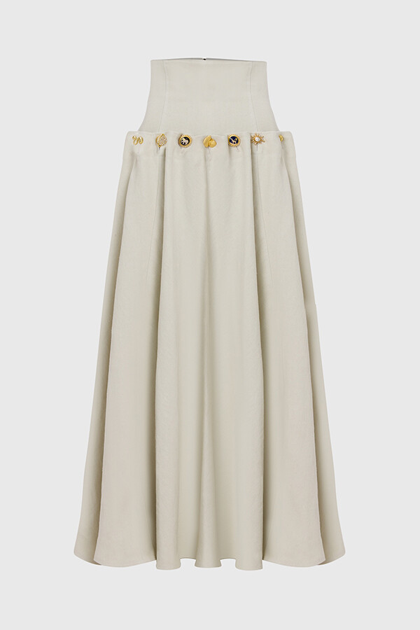 Custom Look Linen Blend Unique Metal Pattern Buttons Lace-up Waist Crisp Hem Maxi Skirt | Consonak