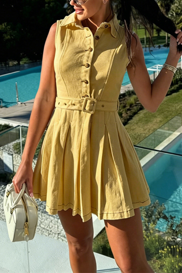 Stylish Collared Sleeveless Button-down Belted Casual Denim Mini Dress
