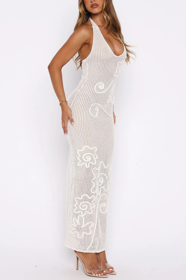 Solid Color Openwork Knit Backless Slim Fit Vacation Cover-up Maxi Dress-consonak