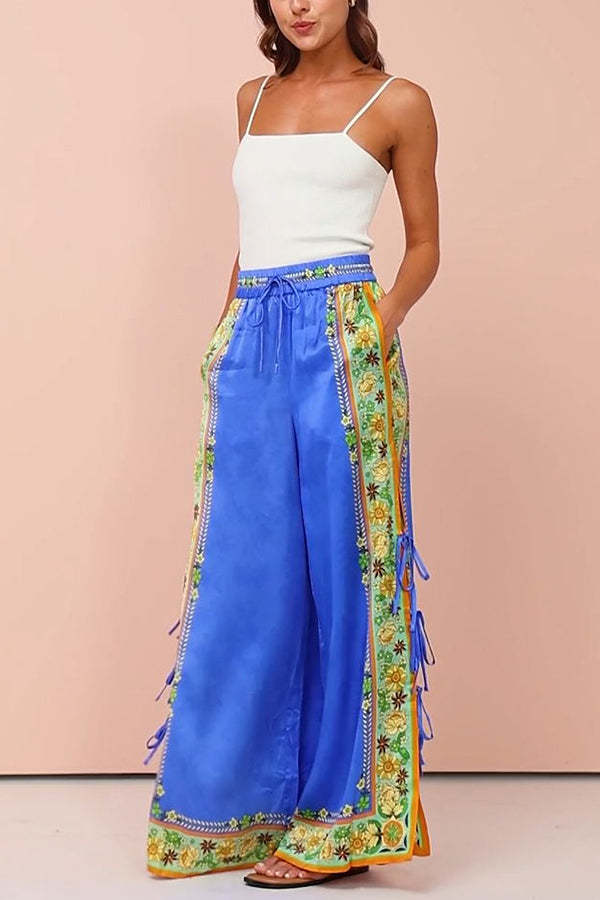 Nara Satin Unique Print Side Lace-up Tank and Elastic Waist Pocketed Wide Leg Pants Set-consonak