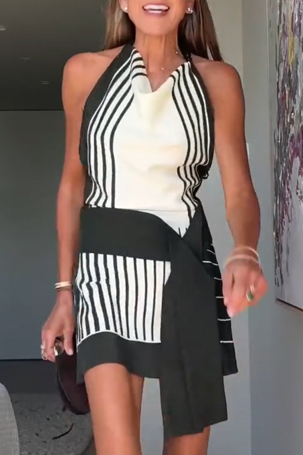 Summer Event⁠ Striped Beads Cowl Neck Backless Tie-up Mini Dress-consonak