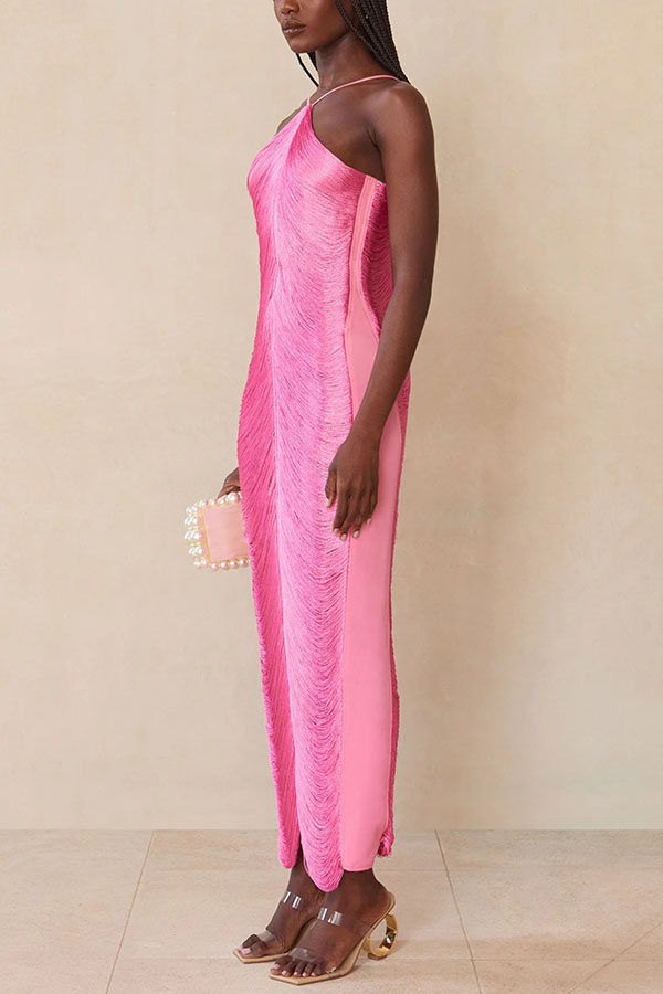 Sexy Allnight Metallic Halterneck Backless Fringed Slit Maxi Dress | Consonak