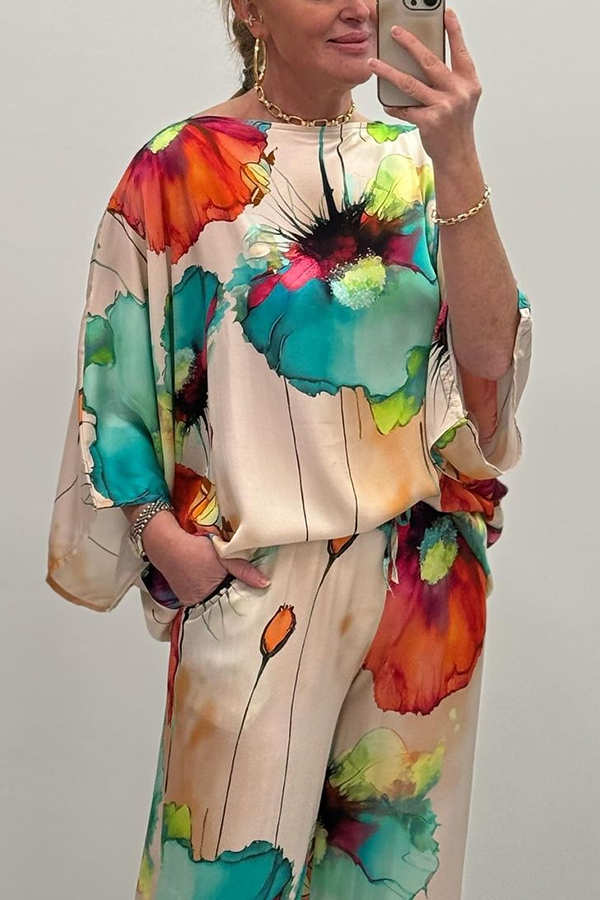Satin Botanical Print Crew Neck Casual Top and Elastic Waist Loose Pocket Pants Set-consonak