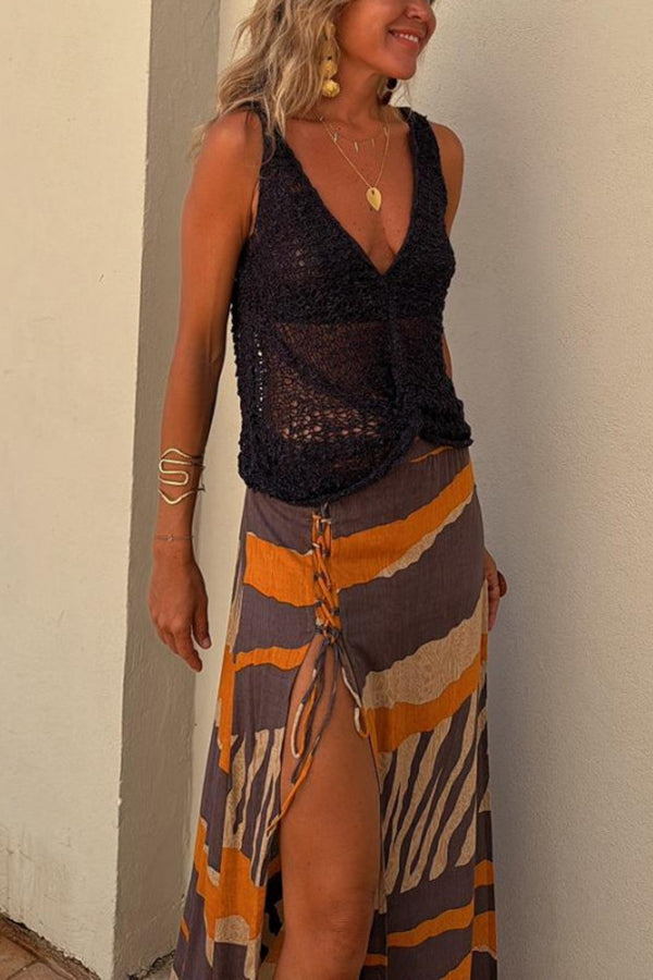 Malibu Knit V-neck Hollow Out Twist Loose Tank-consonak