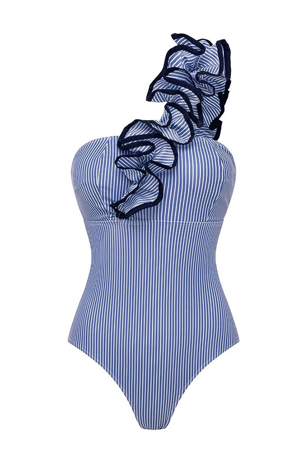 Striped Print One-Shoulder 3D Floral Elastic One-Piece Swimsuit | Consonak