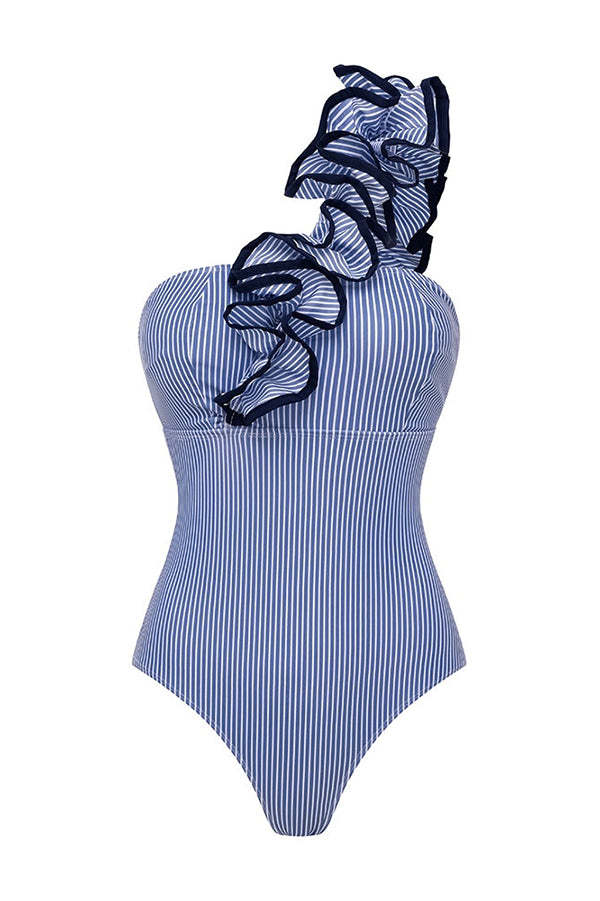 Striped Print One-Shoulder 3D Floral Elastic One-Piece Swimsuit-consonak