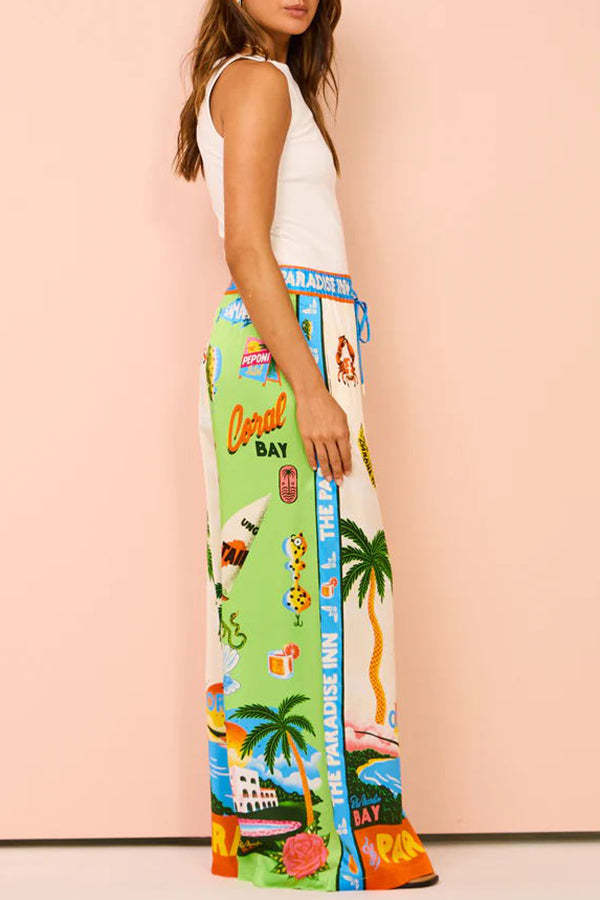 Kissed By The Sun Satin Unique Print Colorblock Elastic Waist Pocketed Wide Leg Pants-consonak