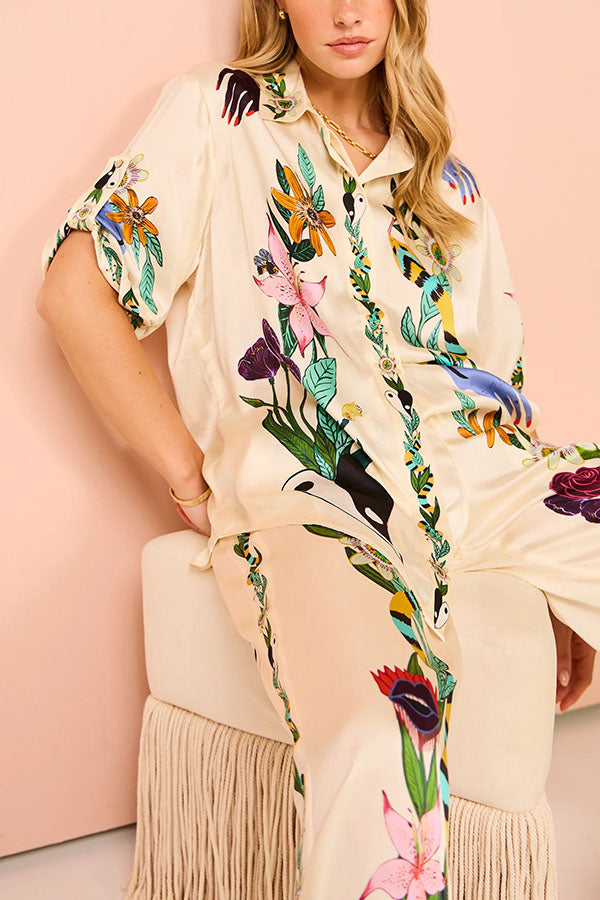 Modern Sophisticated Feel Satin Unique Print Button Down Oversized Blouse-consonak