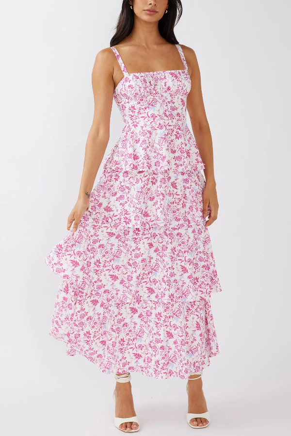 Floral Print Square Neckline Back Tie Casual Holiday Maxi Dress