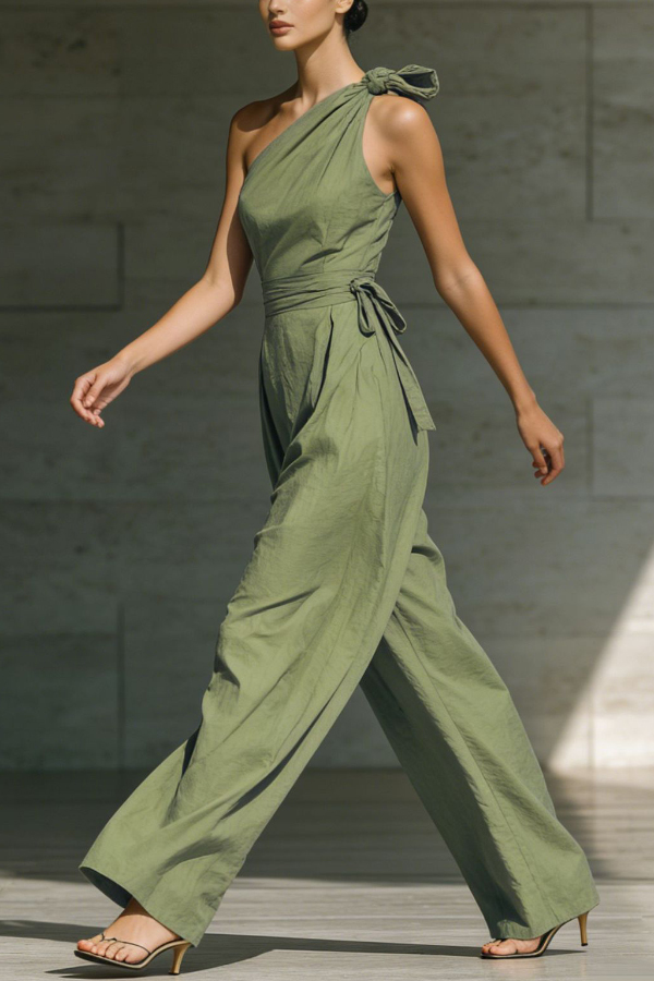 Solid Color Sleeveless One-shoulder Fitted Waist Casual Pocket Loose Wide-leg Jumpsuit