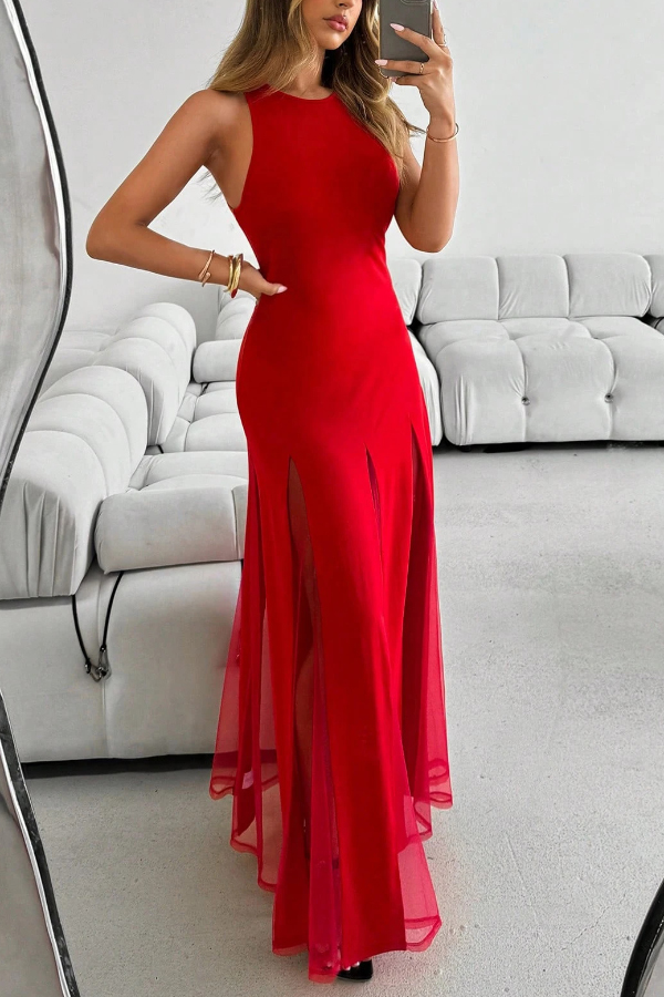 Solid Color Round Neck Sleeveless Slim Fit Sheer Patchwork Hem Maxi Dress | Consonak