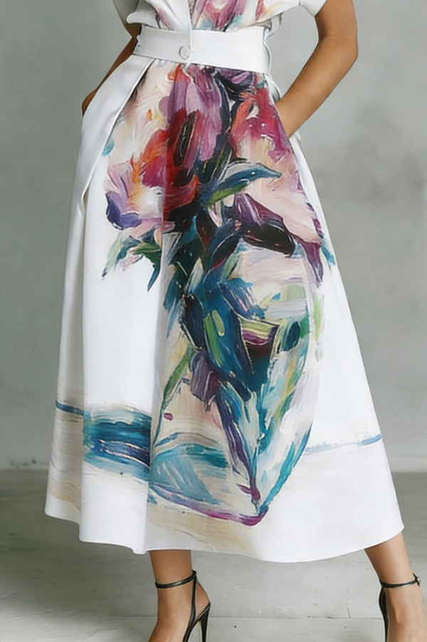 Fashionable Art Print Collared Short Sleeve Casual Pocket Midi Dress | Consonak
