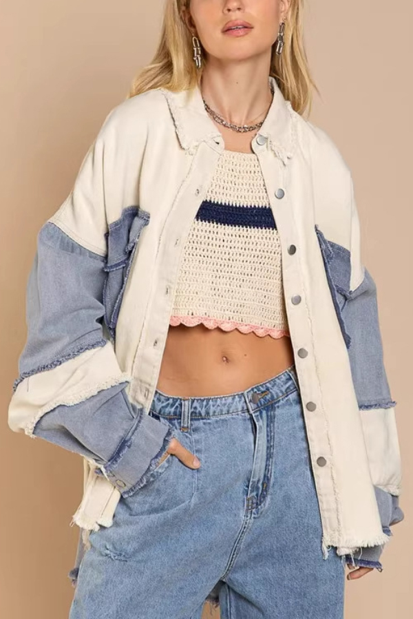 Stylish Color-blocked Lapel Long-sleeved Frayed Denim Jacket