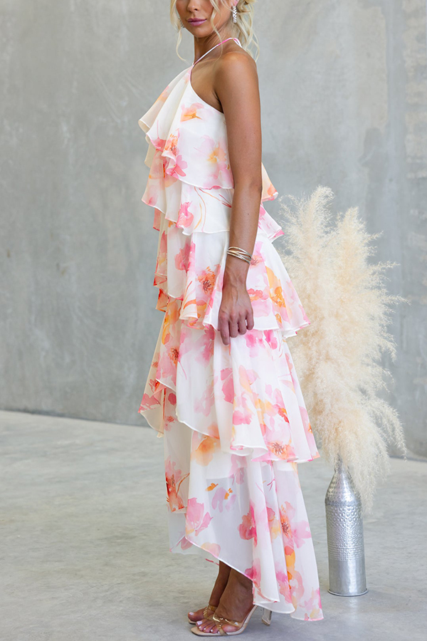 Poetic Eden Chiffon Floral Print Tiered Ruffles Halter A-line Maxi Dress | Consonak