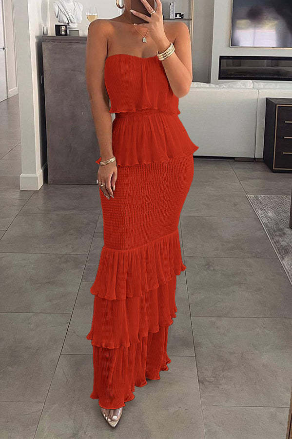 Cedric Off Shoulder Shirred Ruffle Hem Layered Party Dress-consonak