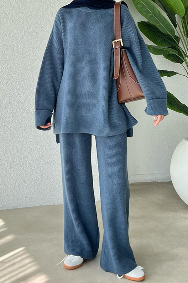 Solid Color Loose Long-sleeved Knit Top and Elastic Waist Casual Straight Leg Pants Set-consonak