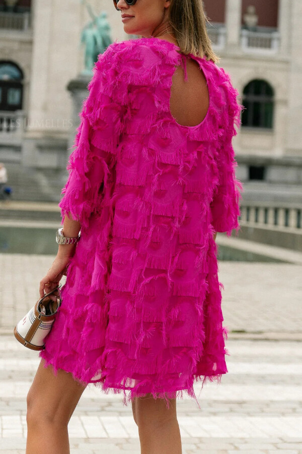 Solid Color Loose Round Neck Casual Tassel Mini Dress-consonak