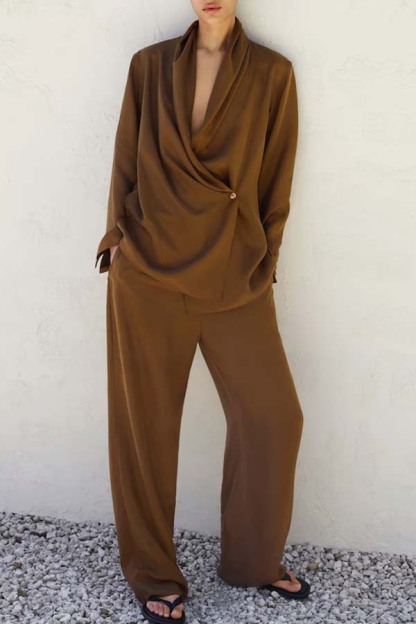 Bella Satin Drape Collar Single Button Casual Blazer and Elastic Waist Pocket Loose Pants Set-consonak