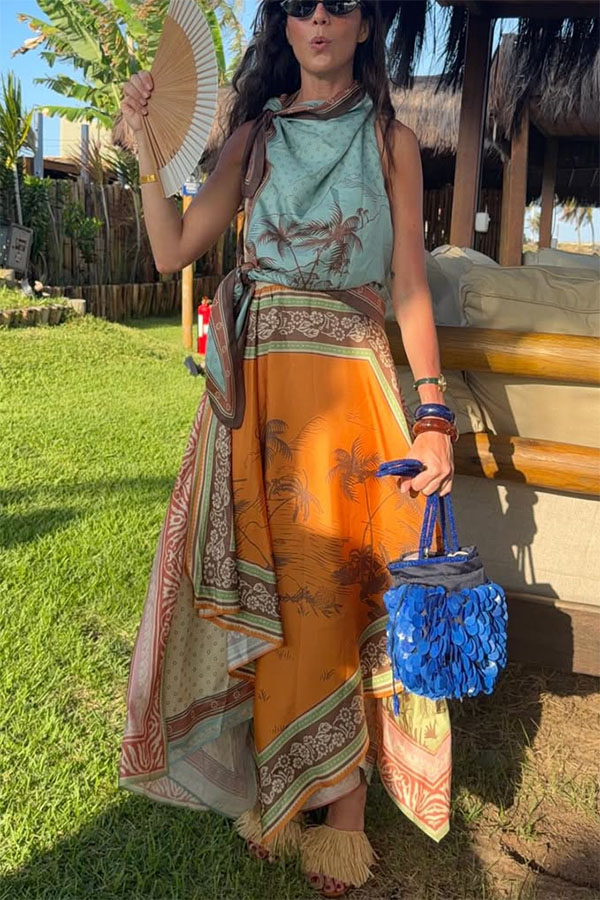 Alberta Satin Unique Color-blocked Print Tie Detail Layered Scarf Midi Dress-consonak