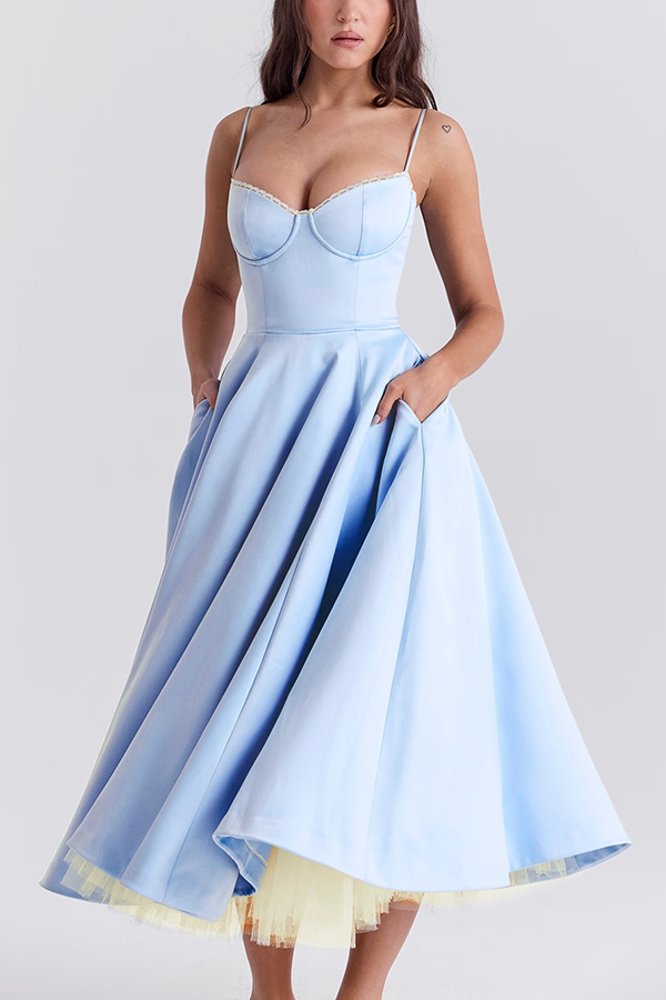 Fairytale Vibe Satin Patchwork Tulle Sweetheart Neck Pocket Stretch Midi Dress-consonak