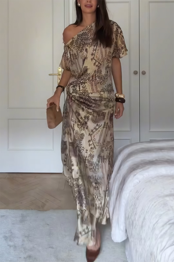 Cassie Satin Unique Print One Shoulder Ruched Waist Asymmetrical Hem Maxi Dress